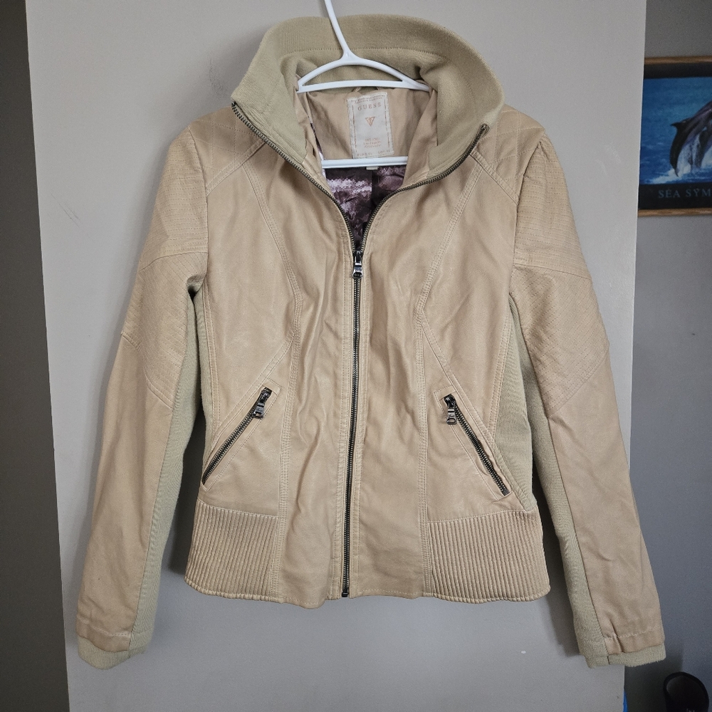 Guess NWT Moto Jacket Women Biker Tan Camel Medium Coat Top Bomber Y2K